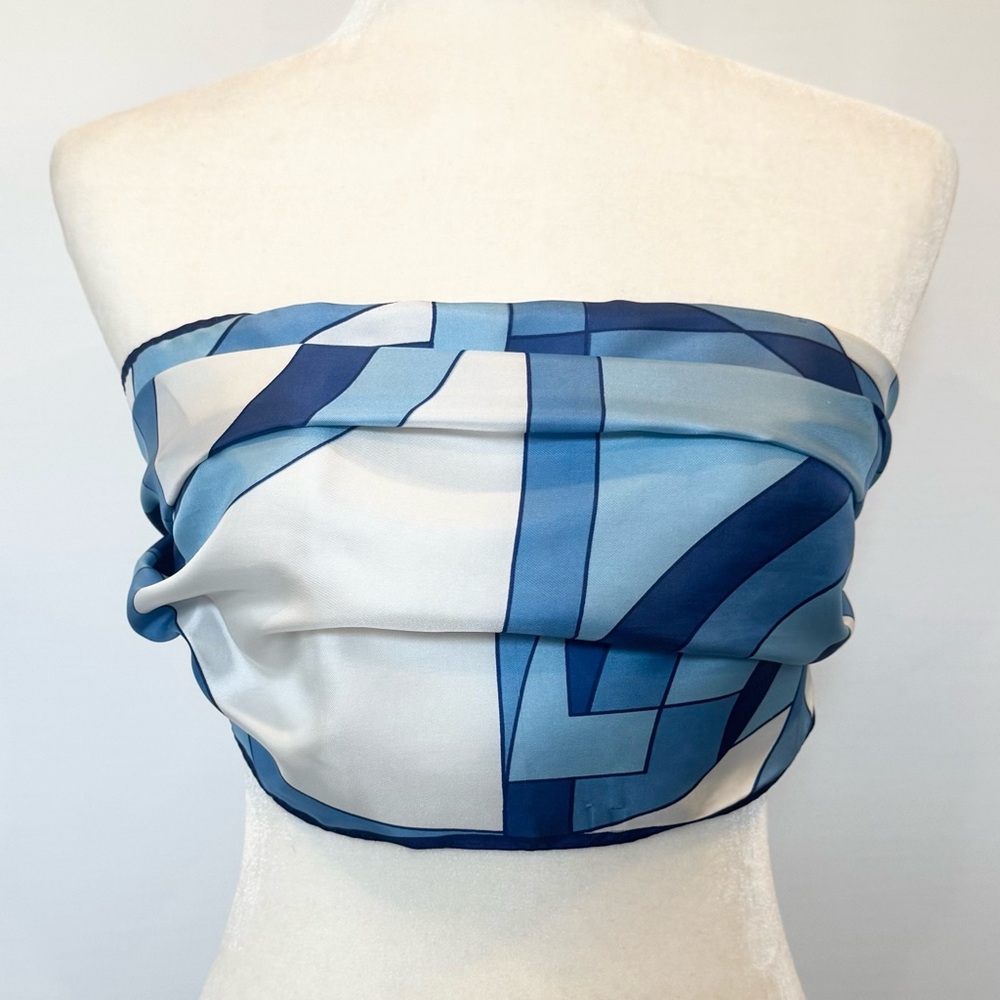 Christian Dior Vintage Silky Satin Blue Geometric Print Oblong Rectangle 44 x 14 - Picture 2 of 14